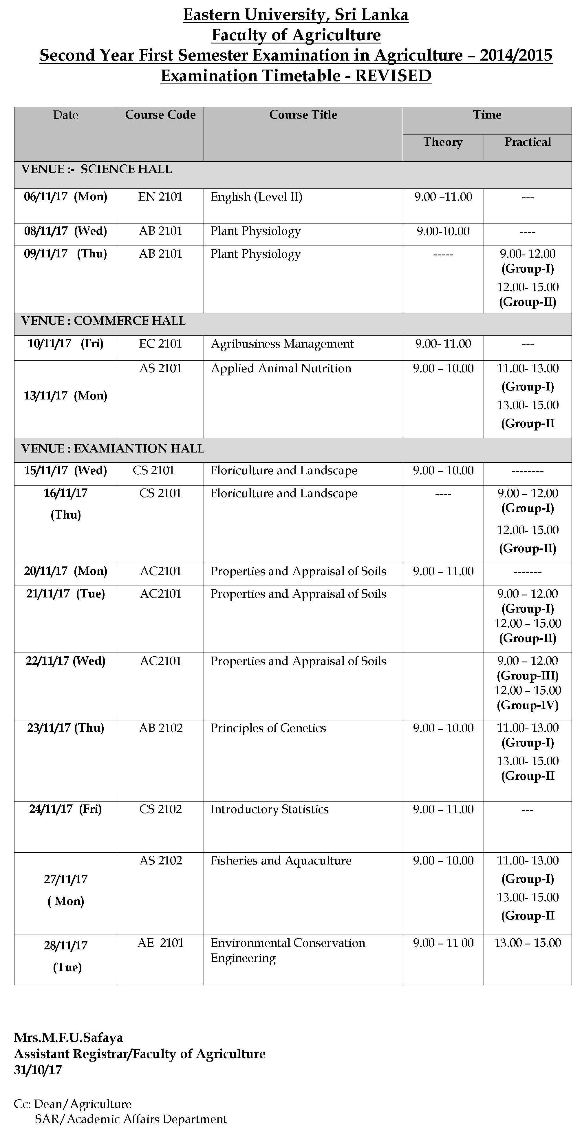 09112017 Exam Timetable 2nd Year First